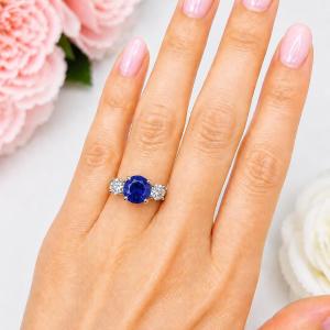 Round-Cut Lab Blue Sapphire & CZ 3-Stone Ring •  6mm—9mm, Sterling Silver