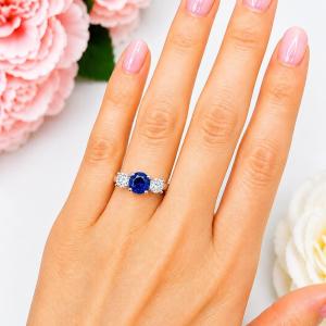 Round-Cut Lab Blue Sapphire & CZ 3-Stone Ring •  6mm—9mm, Sterling Silver