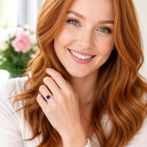 Round-Cut Lab Blue Sapphire & CZ Ring – 8mm, Sterling Silver