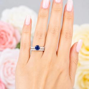 Round-Cut Lab Blue Sapphire & CZ Engagement Ring or Bridal Set • 6.5mm–8mm, Sterling Silver