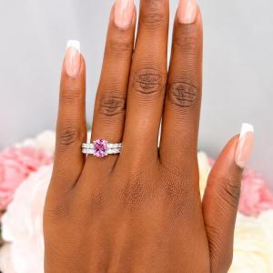 Oval-Cut Lab Pink Sapphire & CZ Engagement Ring or Bridal Set • 8x6mm—9x7mm, Sterling Silver