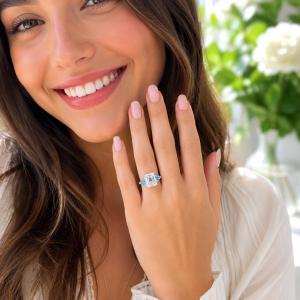 Emerald‑Cut Lab White Sapphire & Swiss Blue Topaz 3‑Stone Ring • 11x9mm, Sterling Silver