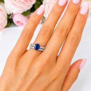 Oval-Cut Lab Blue Sapphire & CZ Engagement Ring or Bridal Set • 8x6mm—9x7mm, Sterling Silver