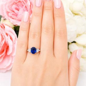 Oval-Cut Lab Blue Sapphire & Trillion-Cut CZ Ring • 9x7mm—12x10mm, Sterling Silver