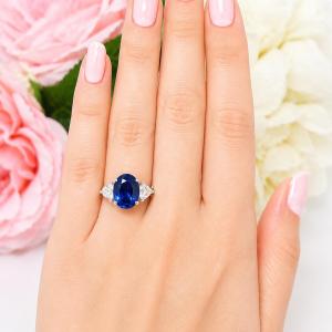 Oval-Cut Lab Blue Sapphire & Trillion-Cut CZ Ring • 9x7mm—12x10mm, Sterling Silver
