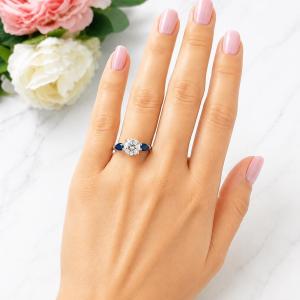 Round CZ & Lab Blue Sapphire 3‑Stone Ring • 8mm Center, Pear Sides, Sterling Silver