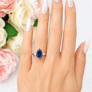 Pear-Cut Lab Blue Sapphire & CZ 3-Stone Ring • 10x7mm, 12x8mm, Sterling Silver