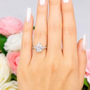 Pear-Cut Lab White Sapphire 3-Stone Ring • 10x7mm, 12x8mm, Round Accents, Sterling Silver