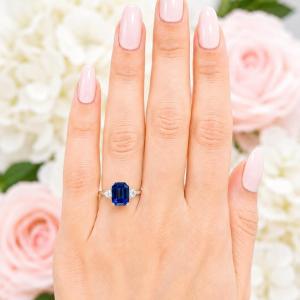 Emerald-Cut Lab Blue Sapphire & CZ 3-Stone Ring • 10x8mm—12x10mm, Sterling Silver