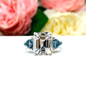 Emerald‑Cut Lab White Sapphire & Swiss Blue Topaz 3‑Stone Ring • 11x9mm, Sterling Silver