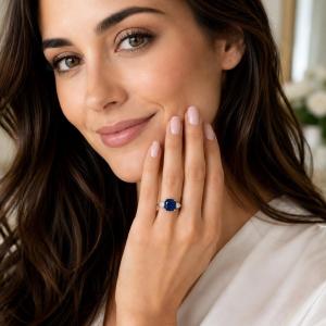 Cushion-Cut Lab Blue Sapphire & 3-Stone CZ Ring – 9mm, Sterling Silver
