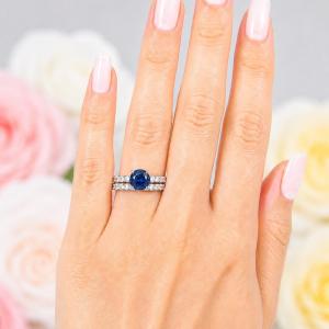 Round-Cut Lab Blue Sapphire & CZ Engagement Ring or Bridal Set • 6.5mm–8mm, Sterling Silver