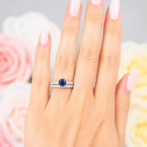 Round-Cut Lab Blue Sapphire & CZ Engagement Ring or Bridal Set • 6.5mm–8mm, Sterling Silver