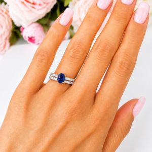 Oval-Cut Lab Blue Sapphire & CZ Engagement Ring or Bridal Set • 8x6mm—9x7mm, Sterling Silver