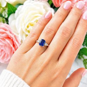 Cushion-Cut Lab Blue Sapphire & CZ 3-Stone Ring • 10x8mm, Sterling Silver