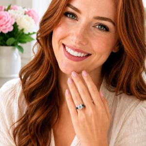 Round CZ & Lab Blue Sapphire 3‑Stone Ring • 8mm Center, Pear Sides, Sterling Silver