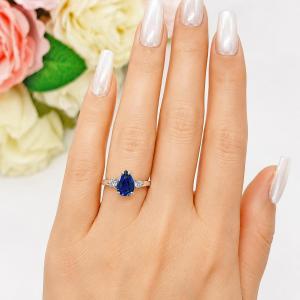 Pear-Cut Lab Blue Sapphire & CZ 3-Stone Ring • 10x7mm, 12x8mm, Sterling Silver