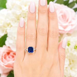 Emerald-Cut Lab Blue Sapphire & CZ 3-Stone Ring • 10x8mm—12x10mm, Sterling Silver