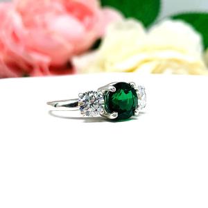 Round-Cut Lab Emerald & CZ 3-Stone Ring • 8mm Center, Sterling Silver, Size 6.75