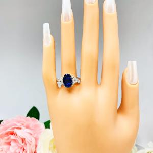 Oval-Cut Lab Blue Sapphire & Half-Moon CZ or Moissanite 3-Stone Ring • 12x8mm, 12x10mm, Sterling Silver