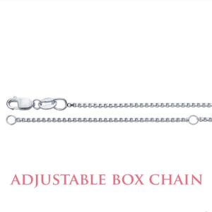 A sterling silver adjustable box chain necklace. The chain is made of small, square links. The necklace is shown in two positions, one with the clasp closed and the other with the clasp open. The text 'ADJUSTABLE BOX CHAIN' is displayed below the image.