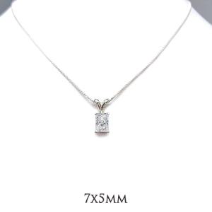 Faceted radiant CZ pendant in sterling silver setting, suspended from a smooth silver chain, displayed against a white background, available in eight size options, shown in 7x5mm size.