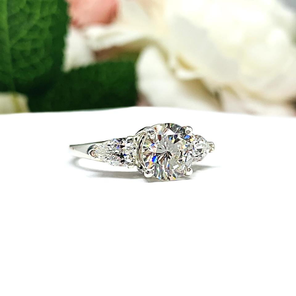 Round CZ Pear 3 Stone Engagement Ring Near Colorless CZ Sterling Silver