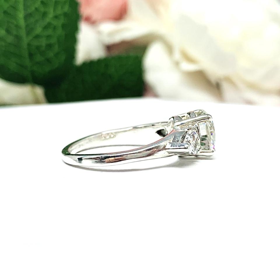 Round CZ Pear 3 Stone Engagement Ring Near Colorless CZ Sterling Silver