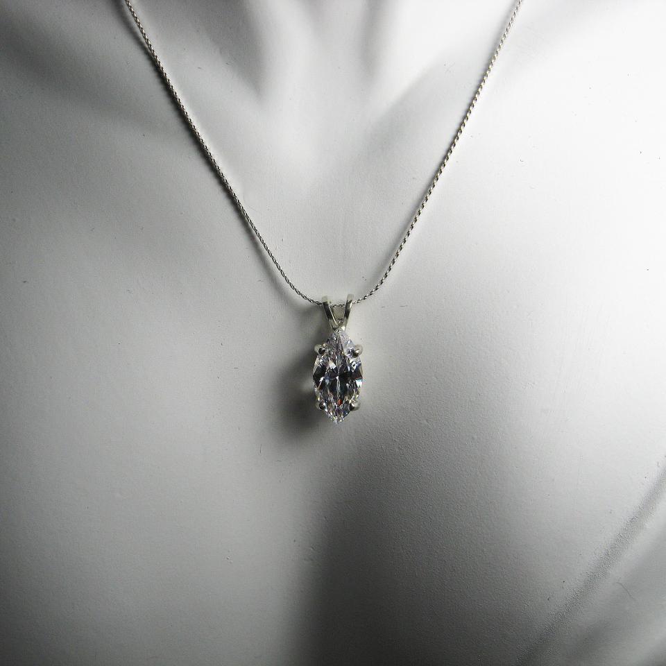 Marquise CZ Pendant Sterling Silver Necklace 14x7mm 3 Carats Colorless Cubic Zirconia