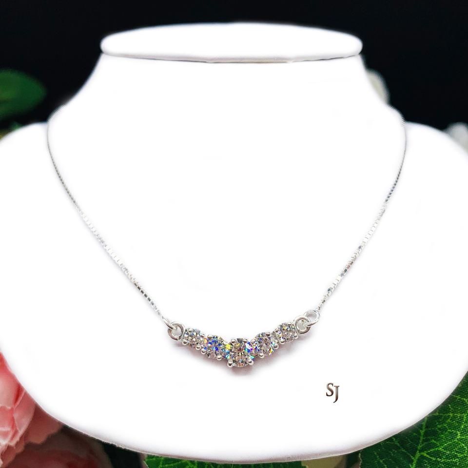 Five Stone Round CZ Pendant Sterling Silver Necklace Near Colorless Cubic Zirconia V Style Chevron