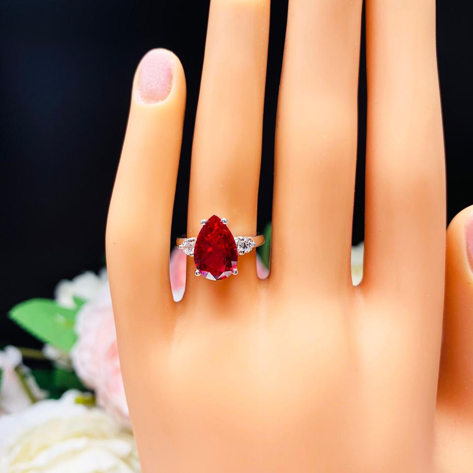 Lab Created Ruby Pear Round CZ Ring Sterling Silver