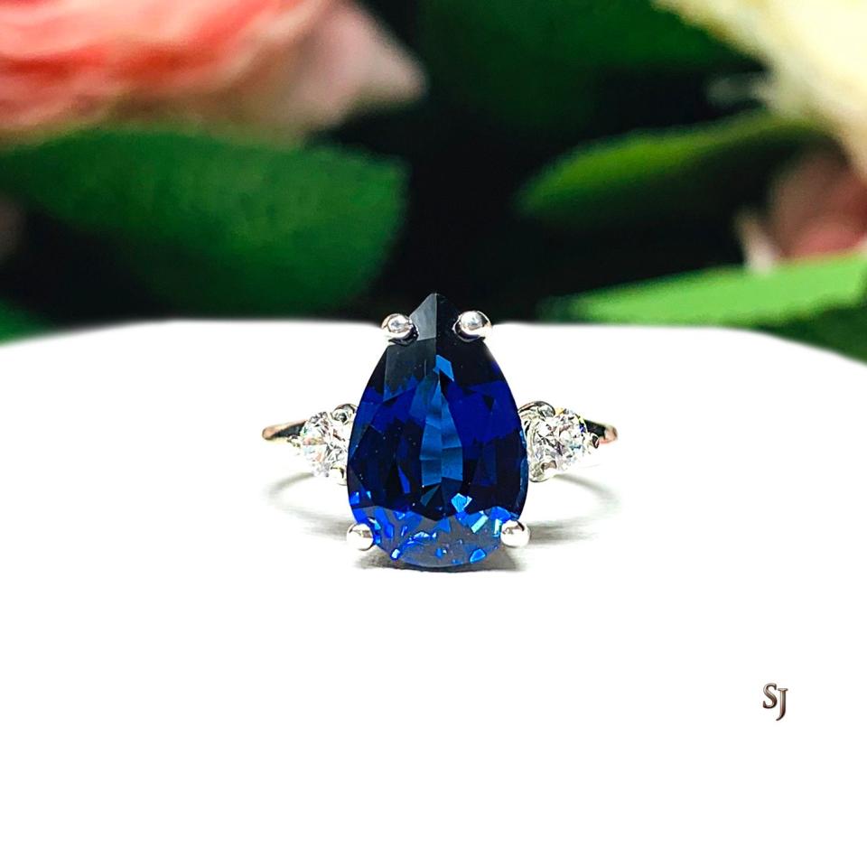 Lab Blue Sapphire Pear CZ Sterling Silver Ring