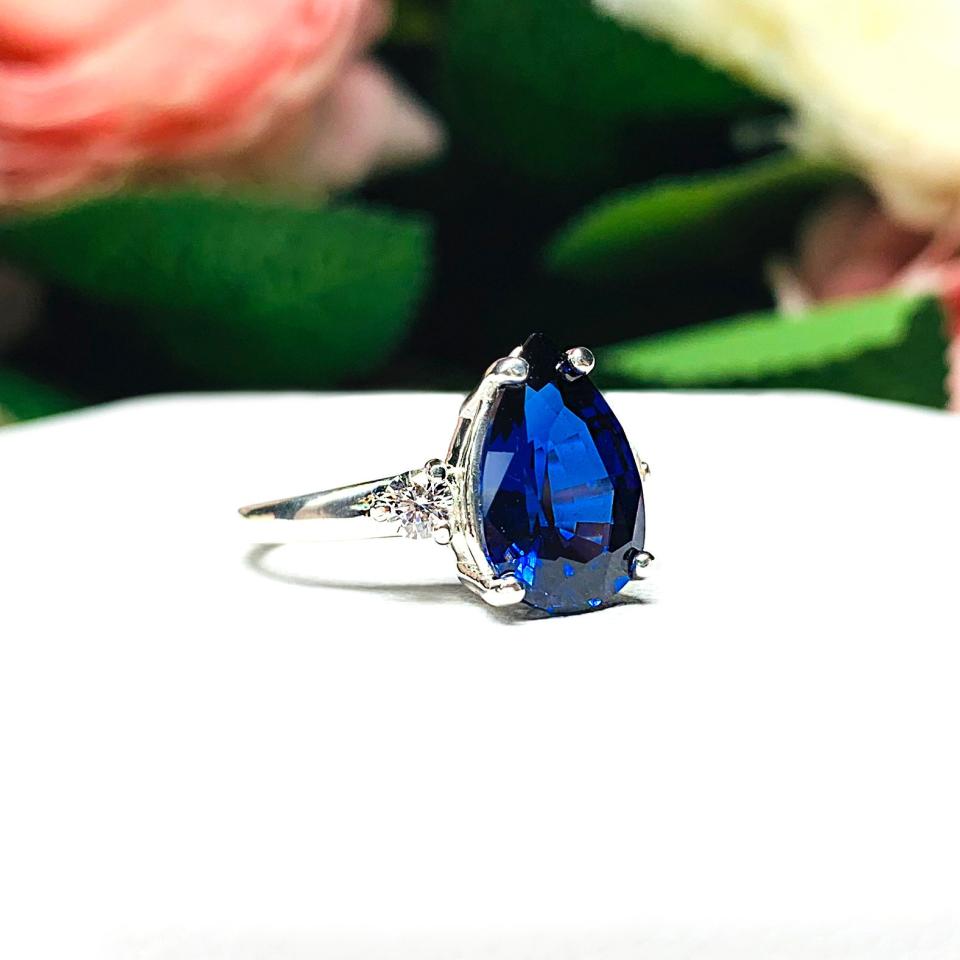 Lab Blue Sapphire Pear CZ Sterling Silver Ring