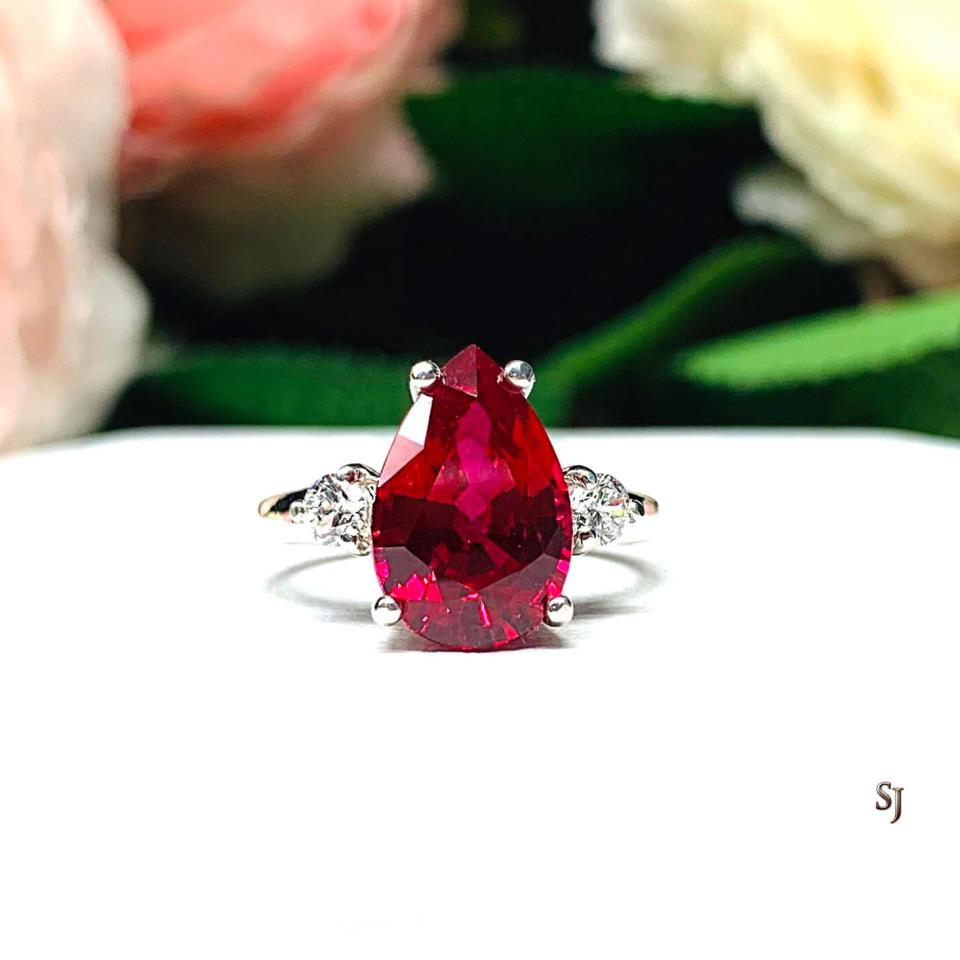 Lab Created Ruby Pear Round CZ Ring Sterling Silver
