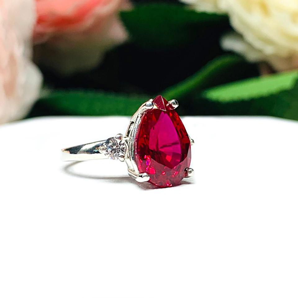 Lab Created Ruby Pear Round CZ Ring Sterling Silver