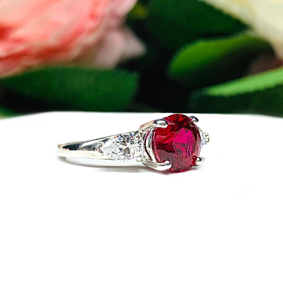 Lab Created Ruby 8mm Round Ring Pear CZ Accents Sterling Silver