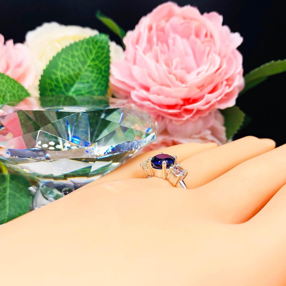 Lab Blue Sapphire CZ Round Three Stone Ring