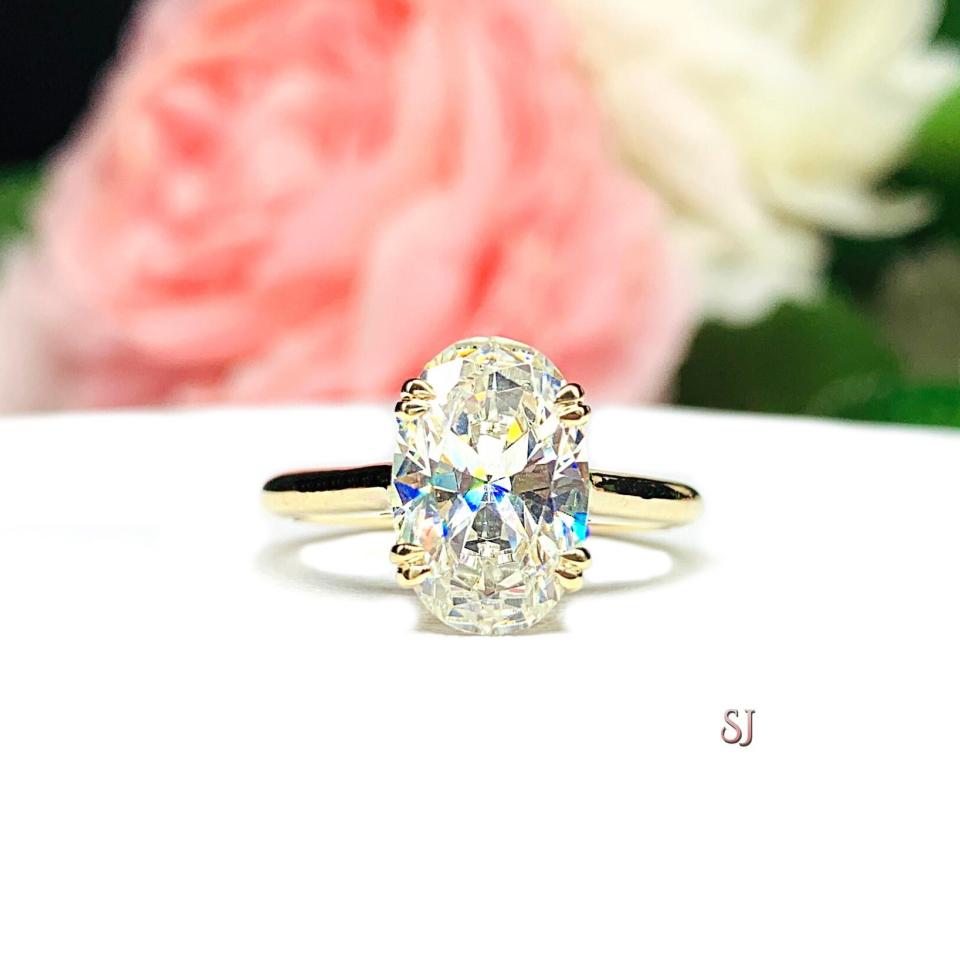 Elongated Oval Near Colorless CZ Engagement Ring 12x8mm 3.5 Carats Split Prong