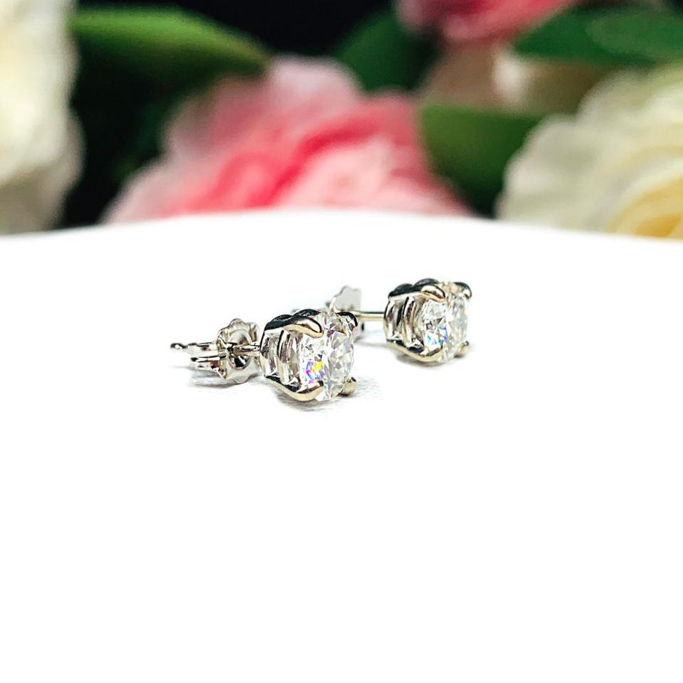 Moissanite 14k Gold Stud Earrings - Round authentic moissanites - Solid gold soft claw prong settings - FREE 3RD DAY UPS