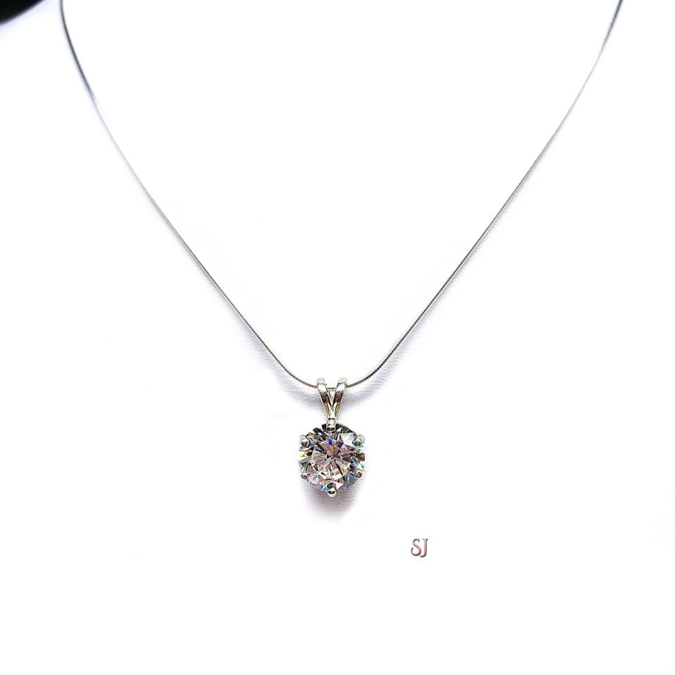 Round CZ 6 Prong Pendant Neckace Near Colorless Cubic Zirconia Sterling Silver