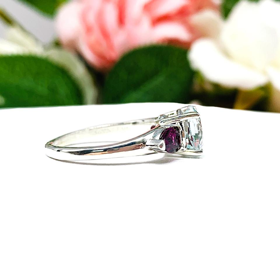 Natural White Topaz Rhodolite Garnet Ring - 8mm white topaz - Rhodolite garnet pear side stones - Sterling silver setting