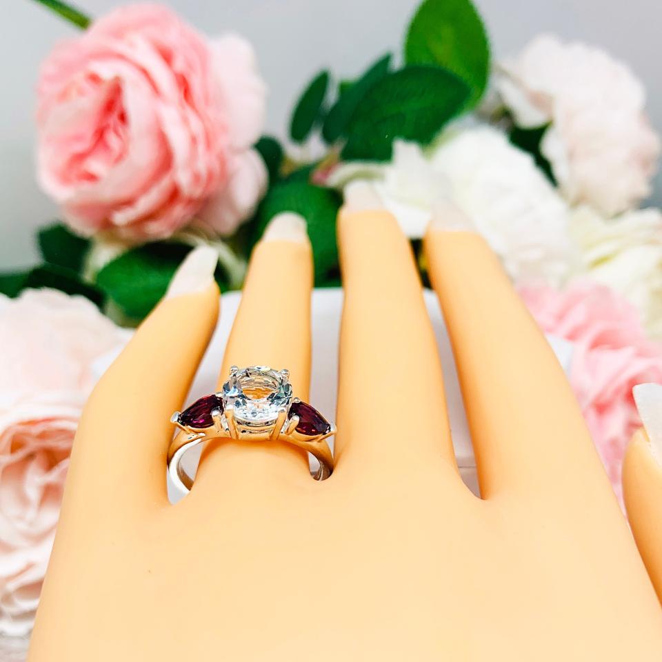 Natural White Topaz Rhodolite Garnet Ring - 8mm white topaz - Rhodolite garnet pear side stones - Sterling silver setting