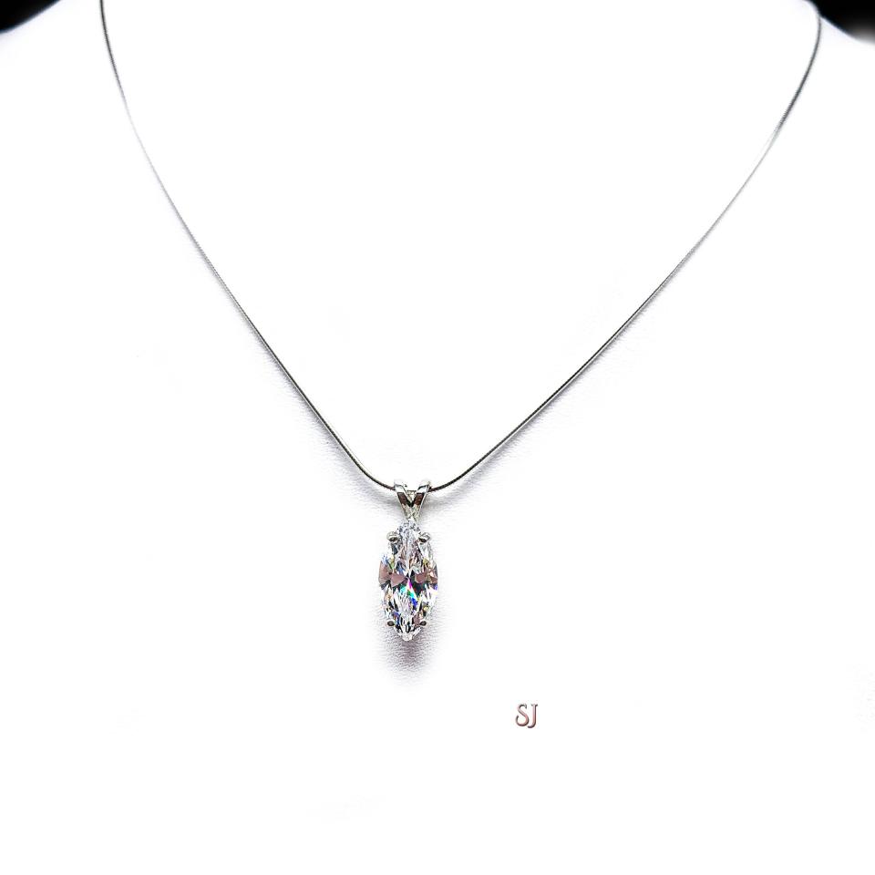 Marquise CZ Pendant Sterling Silver Necklace 14x7mm 3 Carats Colorless Cubic Zirconia