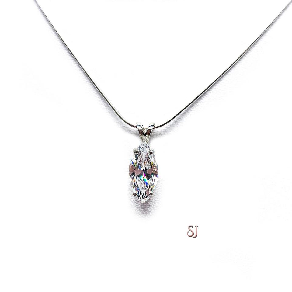 Marquise CZ Pendant Sterling Silver Necklace 14x7mm 3 Carats Colorless Cubic Zirconia