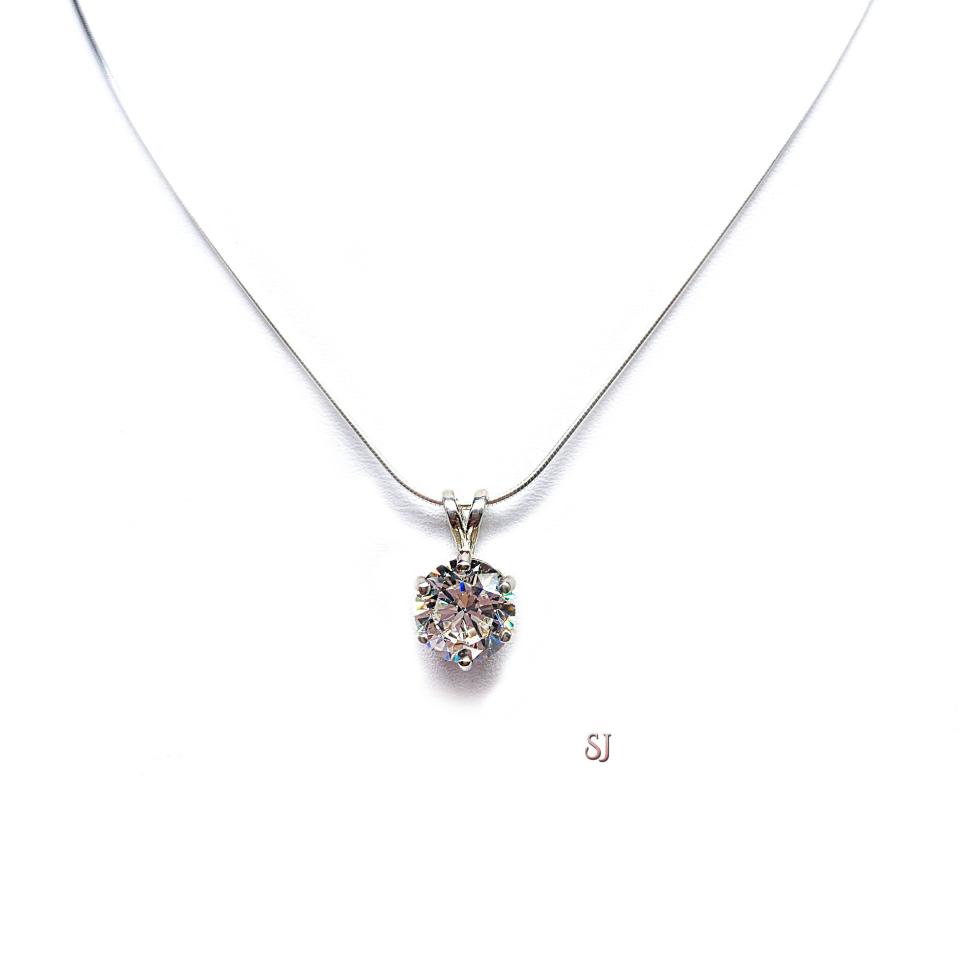 Round CZ 6 Prong Pendant Neckace Near Colorless Cubic Zirconia Sterling Silver
