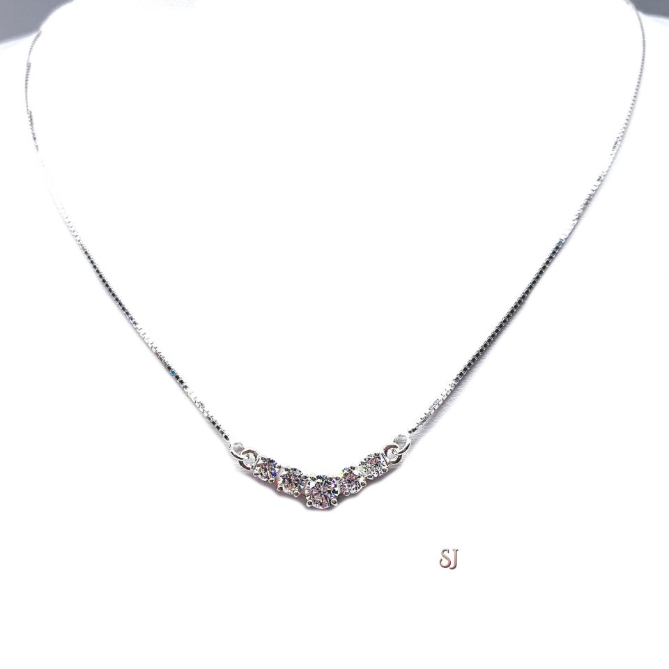 Five Stone Round CZ Pendant Sterling Silver Necklace Colorless Cubic Zirconia V Style Chevron
