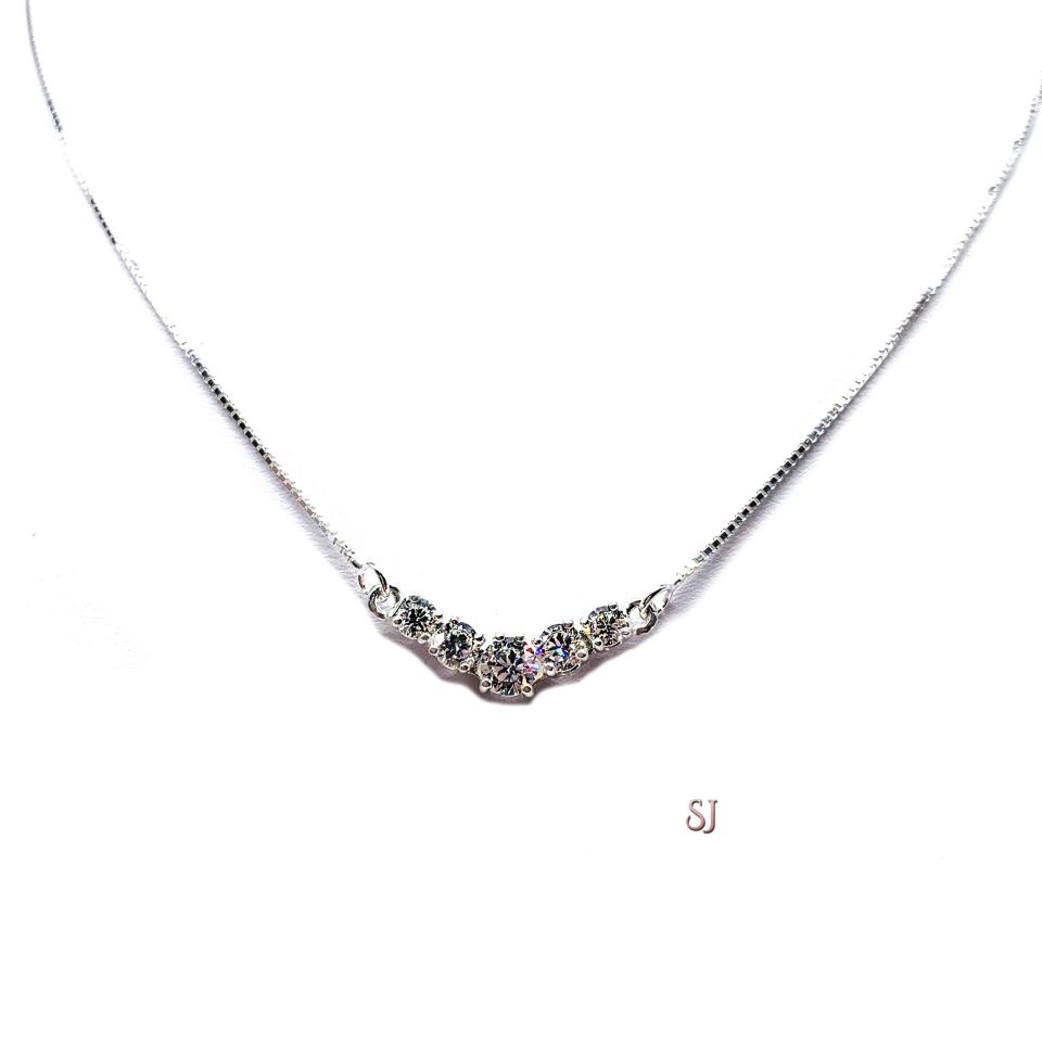 Five Stone Round CZ Pendant Sterling Silver Necklace Near Colorless Cubic Zirconia V Style Chevron