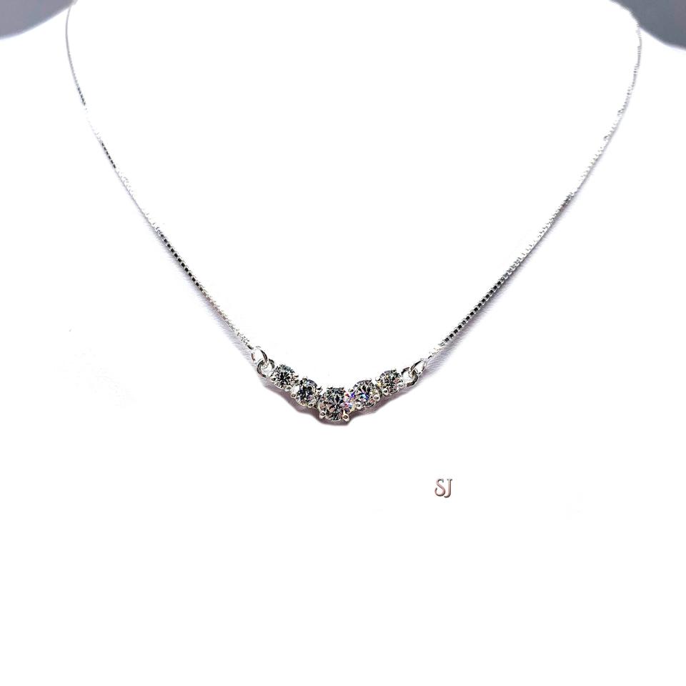 Five Stone Round CZ Pendant Sterling Silver Necklace Near Colorless Cubic Zirconia V Style Chevron