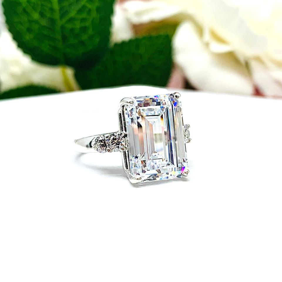 Emerald-Cut CZ 5-Stone Engagement Ring • 14x10mm, Sterling Silver, Size 7