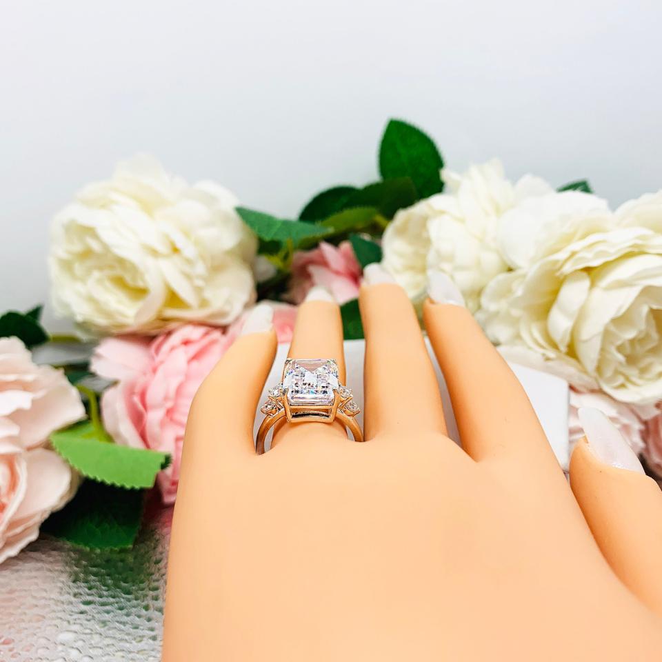 Emerald-Cut CZ 5-Stone Engagement Ring • 14x10mm, Sterling Silver, Size 7